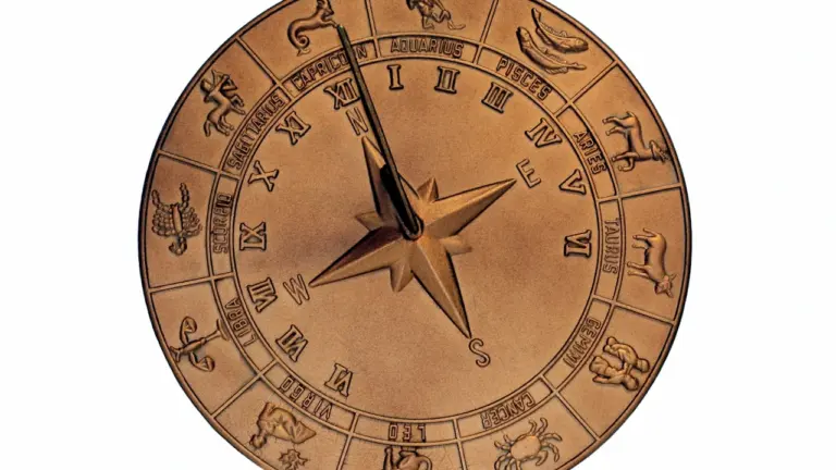 Bronzas zodiaka aplis ar visām divpadsmit zodiaka zīmēm uz balta fona.